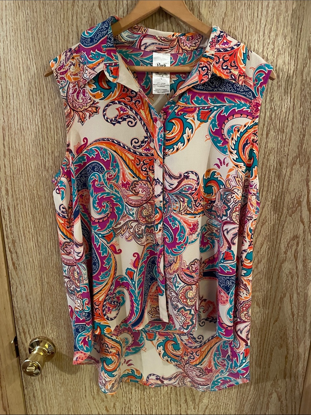 Sleeveless Paisley Button-Front Tank Top - Pink Teal Orange